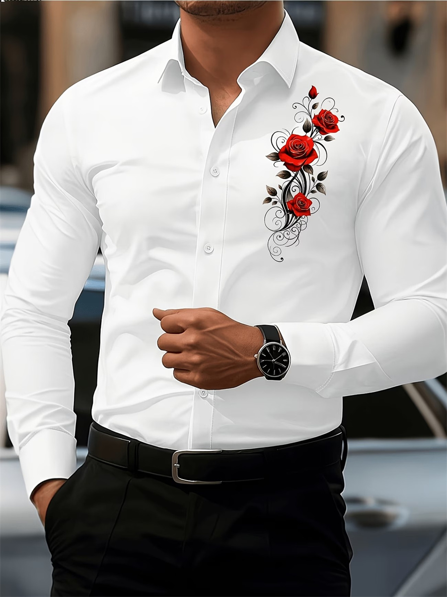 Men's Red Rose Print Long-Slee - Mens Fashion Clothes review and price